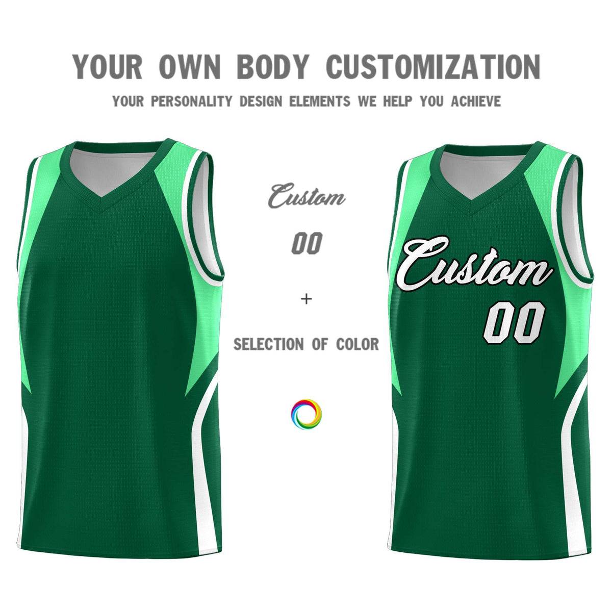 Custom Kelly Green Green and White Color Block Sports Uniform Basketball Jersey