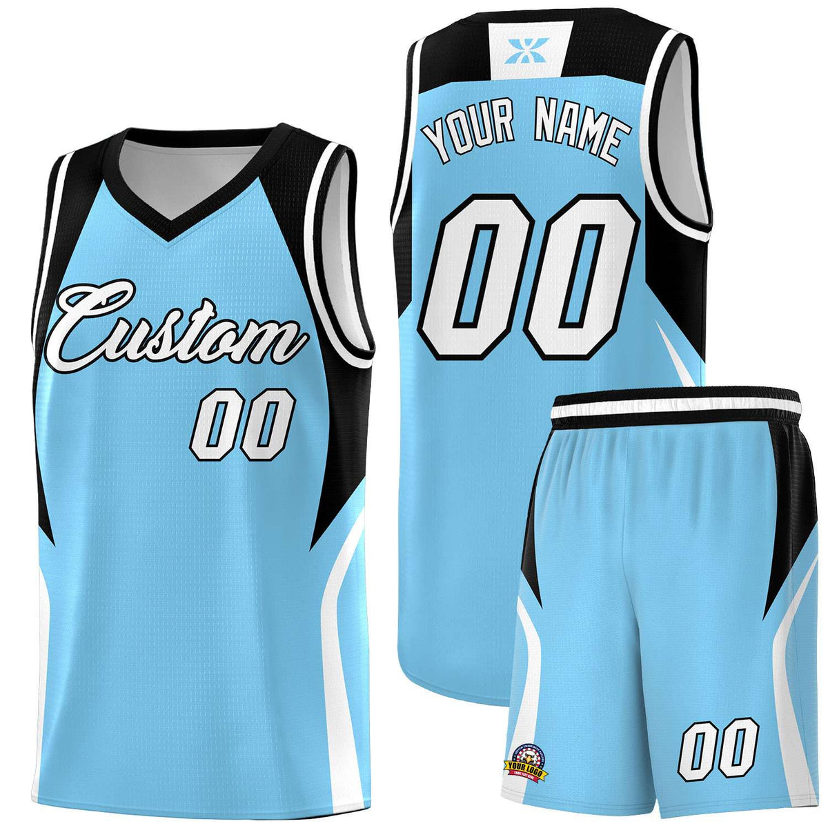 Custom Light Blue Black and White Color Block Sports Uniform Basketball Jersey