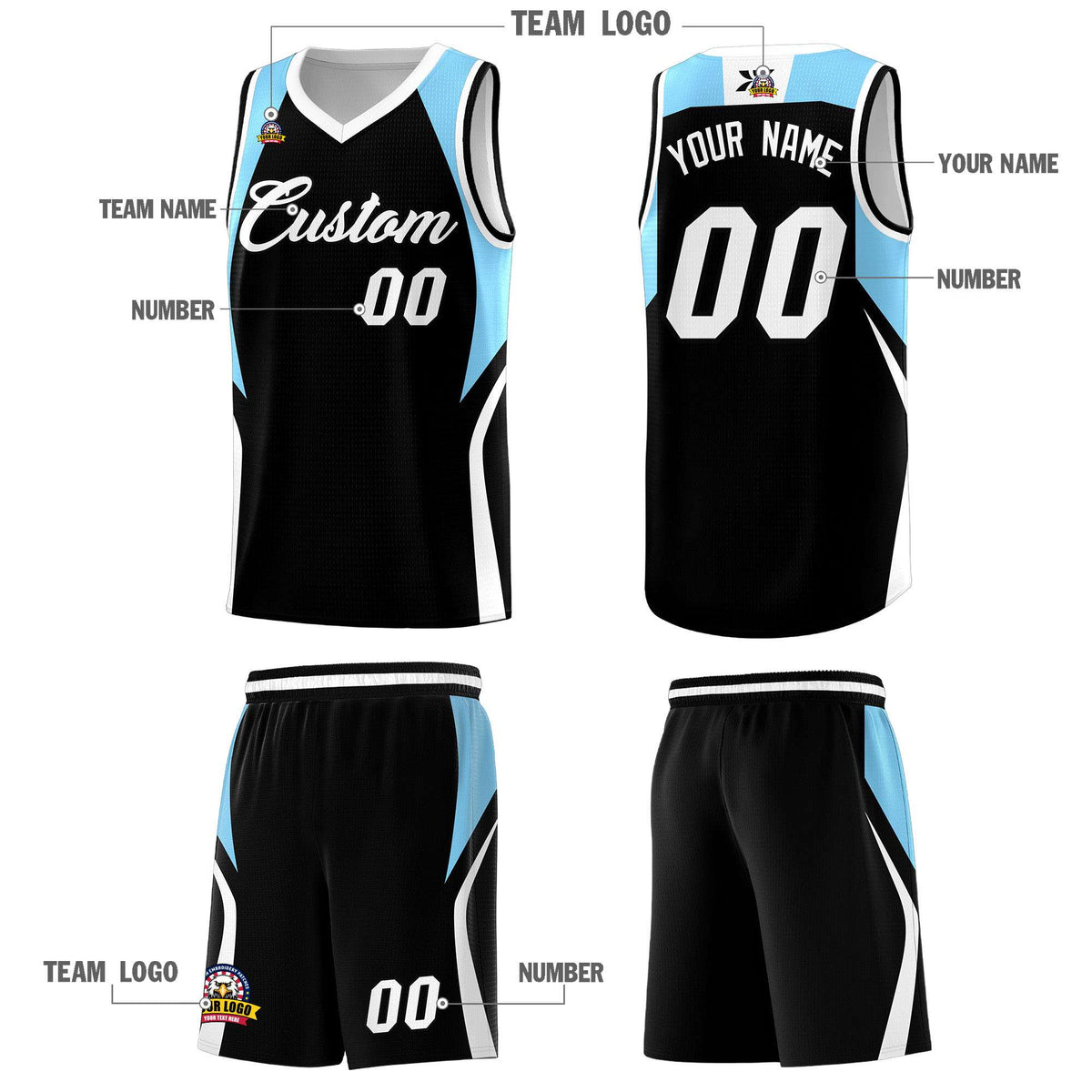 Custom Black Light Blue and White Color Block Sports Uniform Basketball Jersey