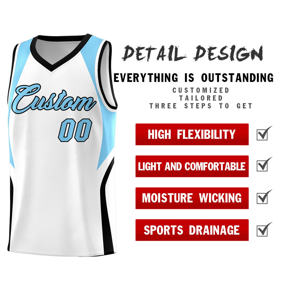 Custom White Light Blue and Black Color Block Sports Uniform Basketball Jersey
