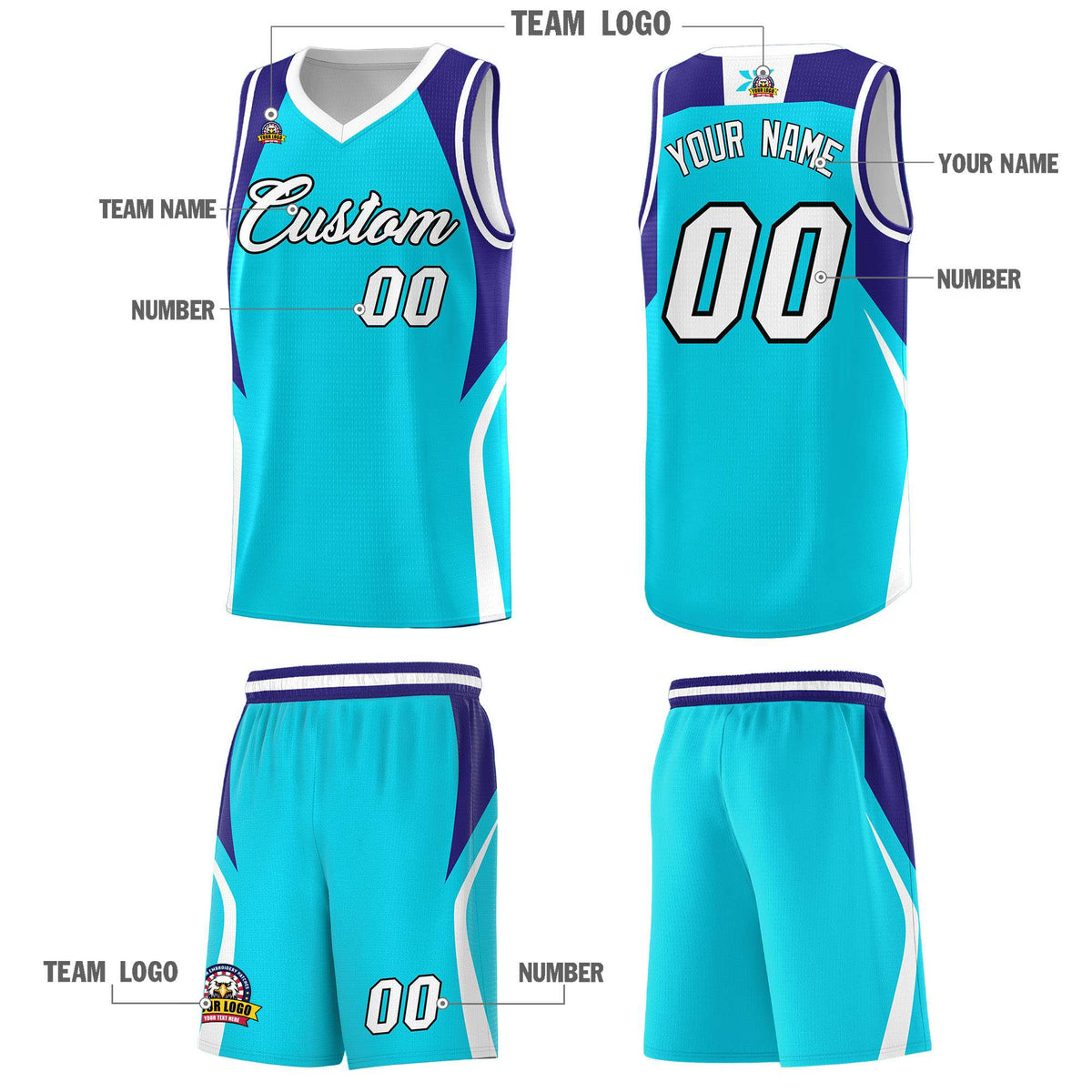 Custom Sky Blue Royal and White Color Block Sports Uniform Basketball Jersey