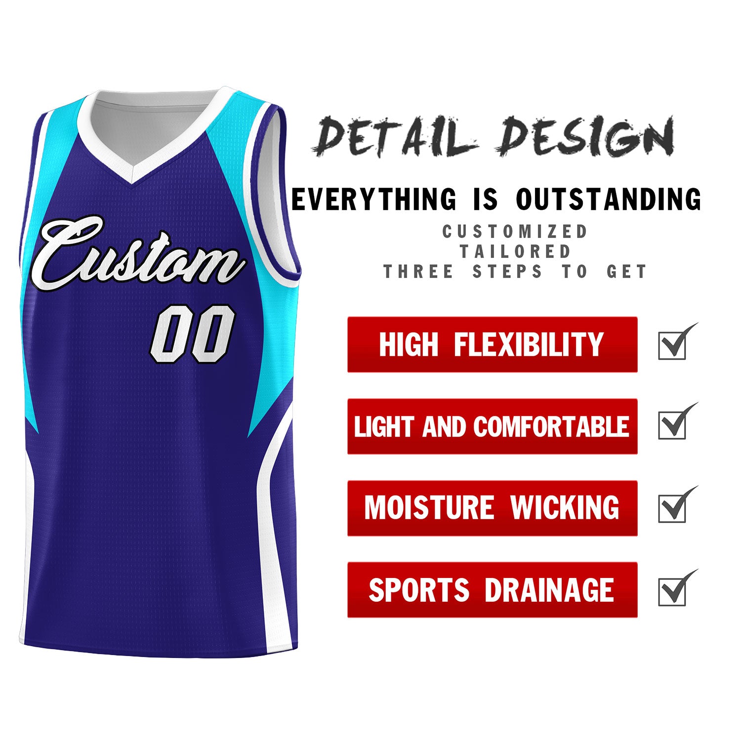 Custom Royal Sky Blue and White Color Block Sports Uniform Basketball Jersey