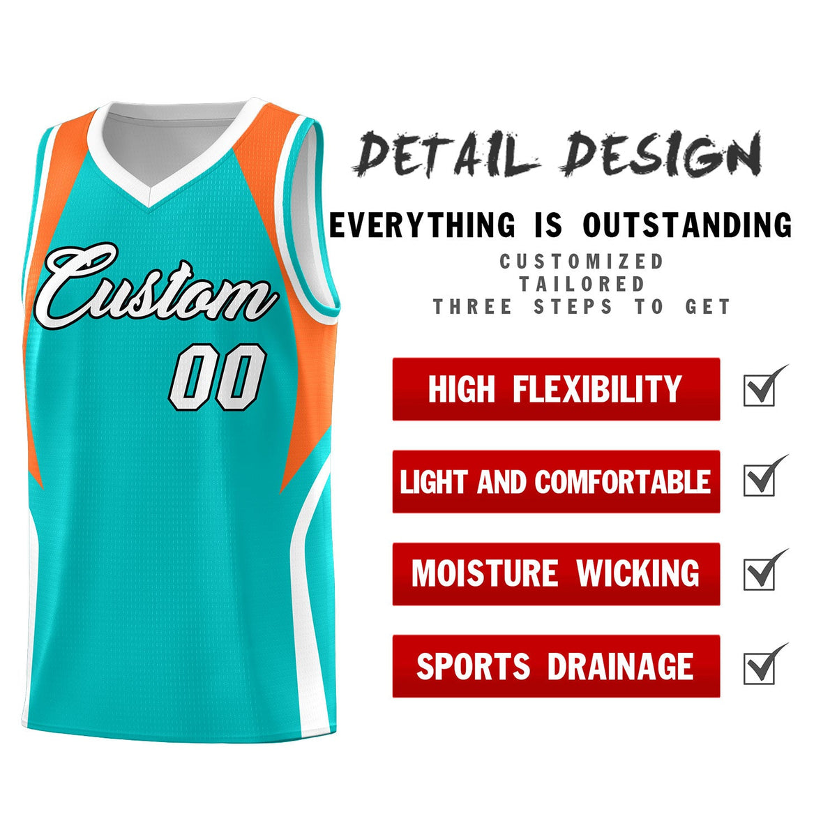 Custom Aqua Orange and White Color Block Sports Uniform Basketball Jersey