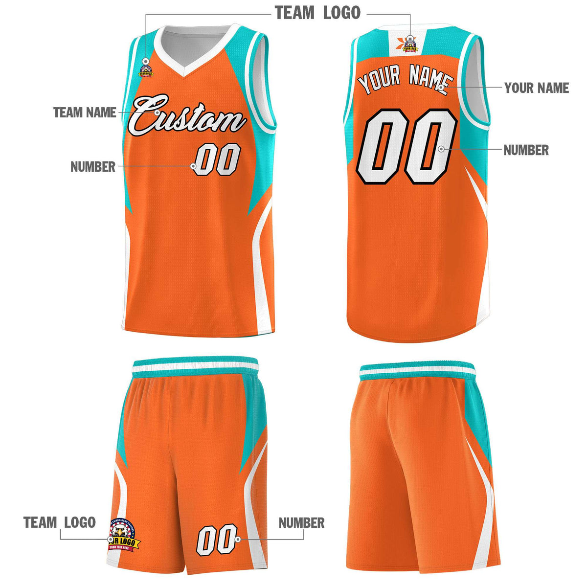 Custom Orange Aqua and White Color Block Sports Uniform Basketball Jersey