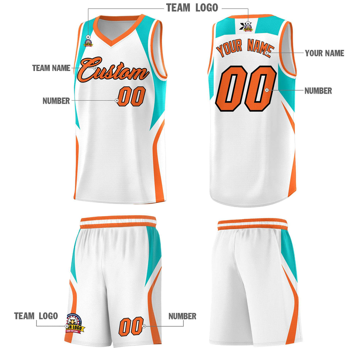 Custom White Aqua and Orange Color Block Sports Uniform Basketball Jersey