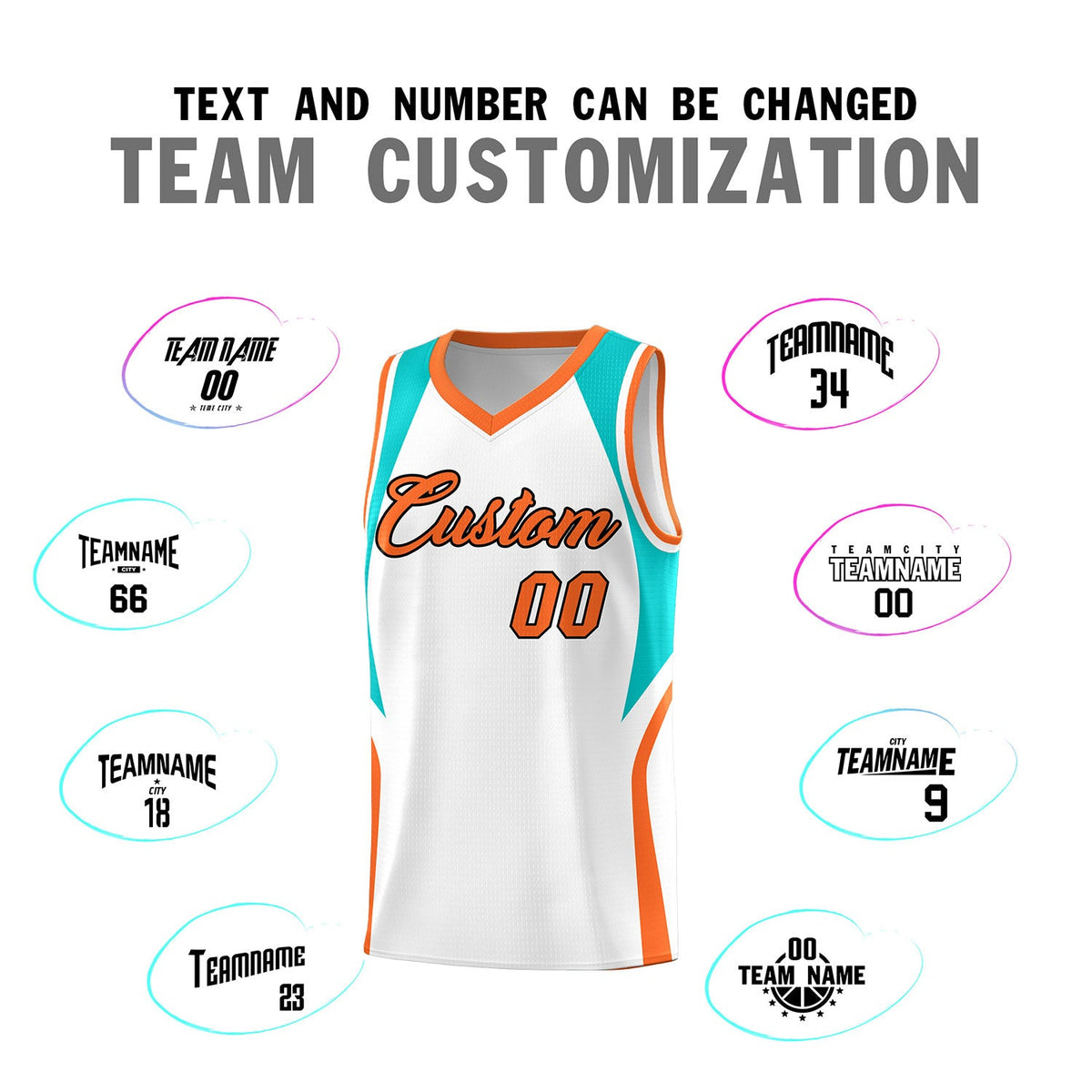 Custom White Aqua and Orange Color Block Sports Uniform Basketball Jersey