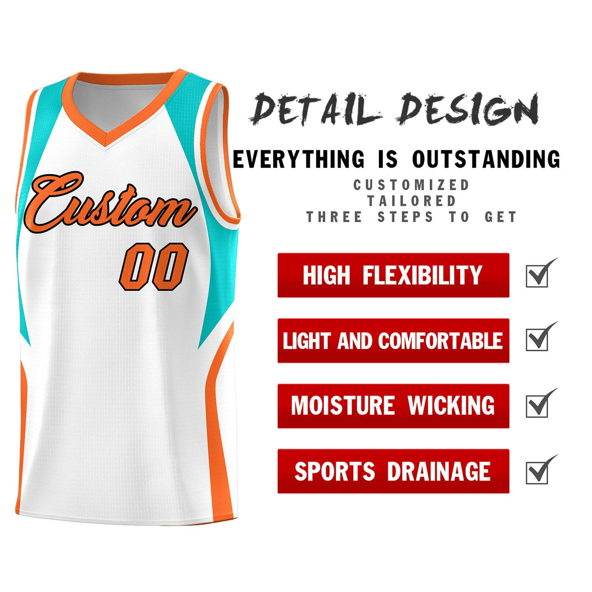 Custom White Aqua and Orange Color Block Sports Uniform Basketball Jersey