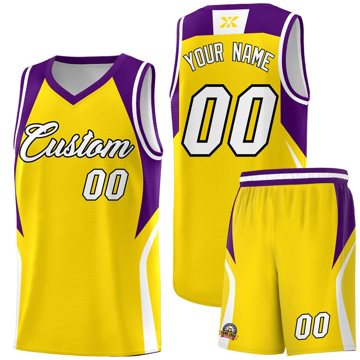 Custom Gold Purple and White Color Block Sports Uniform Basketball Jersey