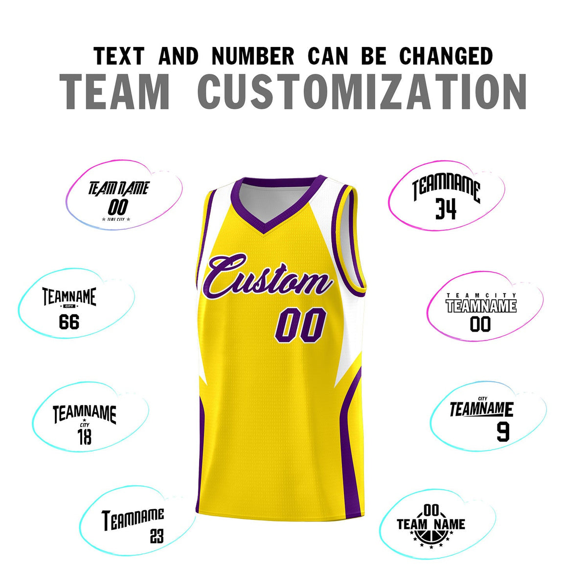 Custom Gold White and Purple Color Block Sports Uniform Basketball Jersey