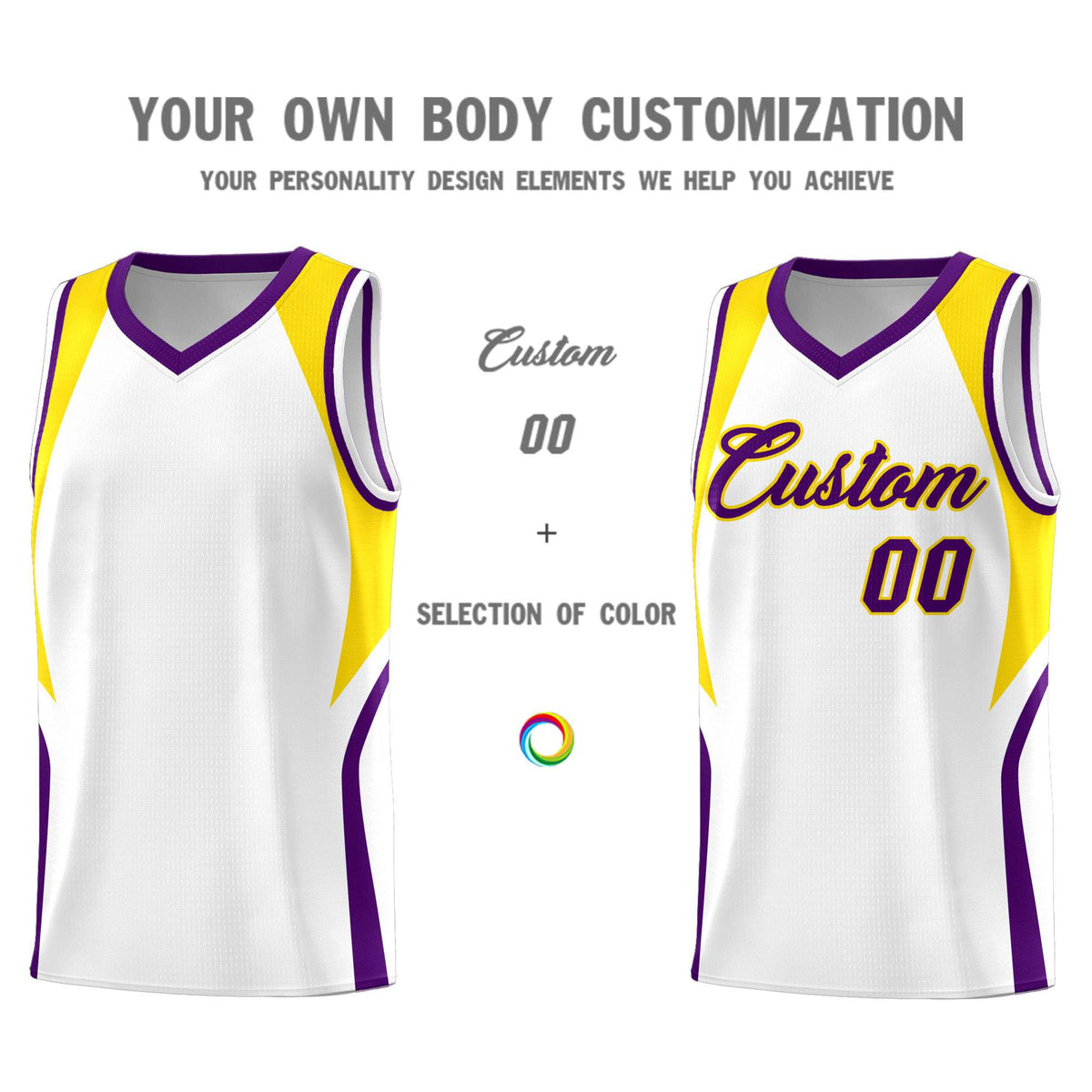 Custom White Gold and Purple Color Block Sports Uniform Basketball Jersey