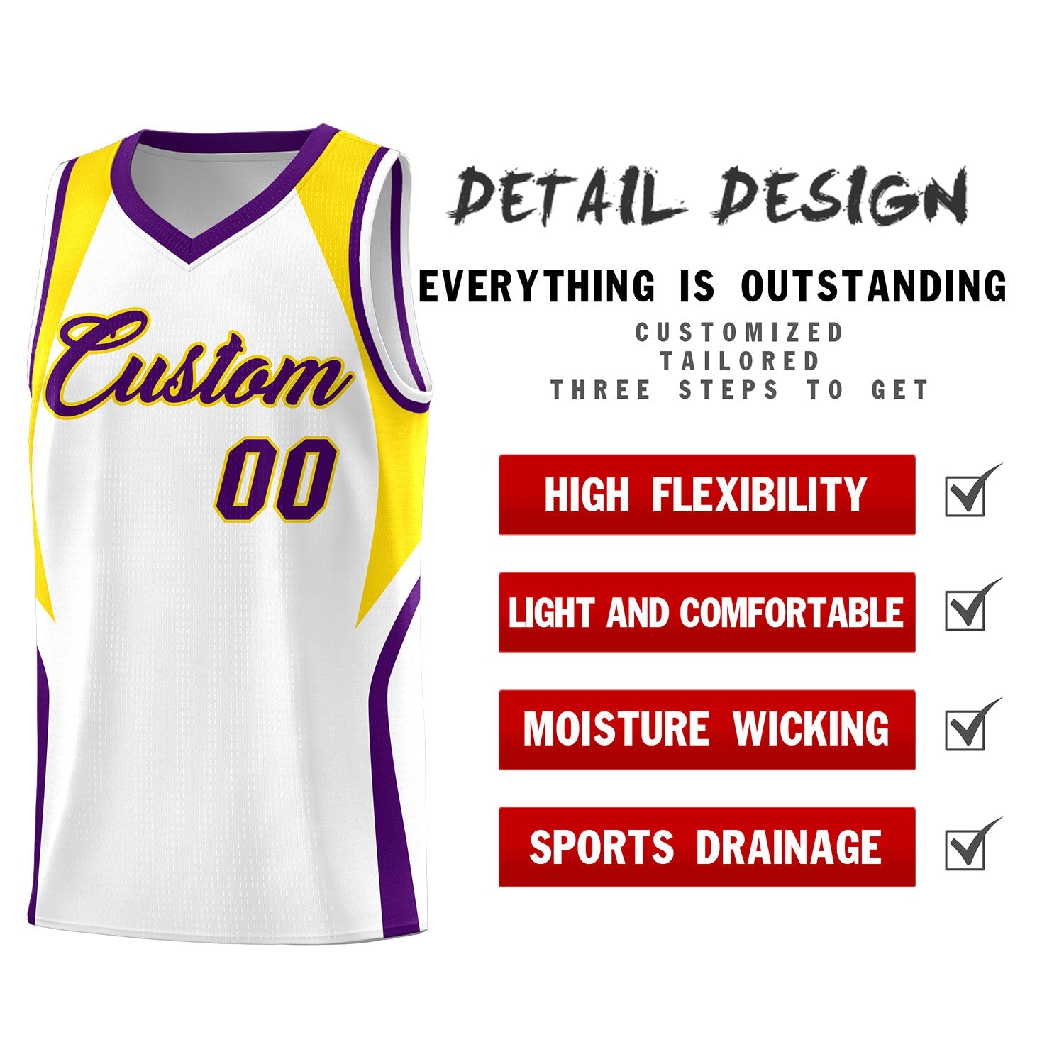 Custom White Gold and Purple Color Block Sports Uniform Basketball Jersey