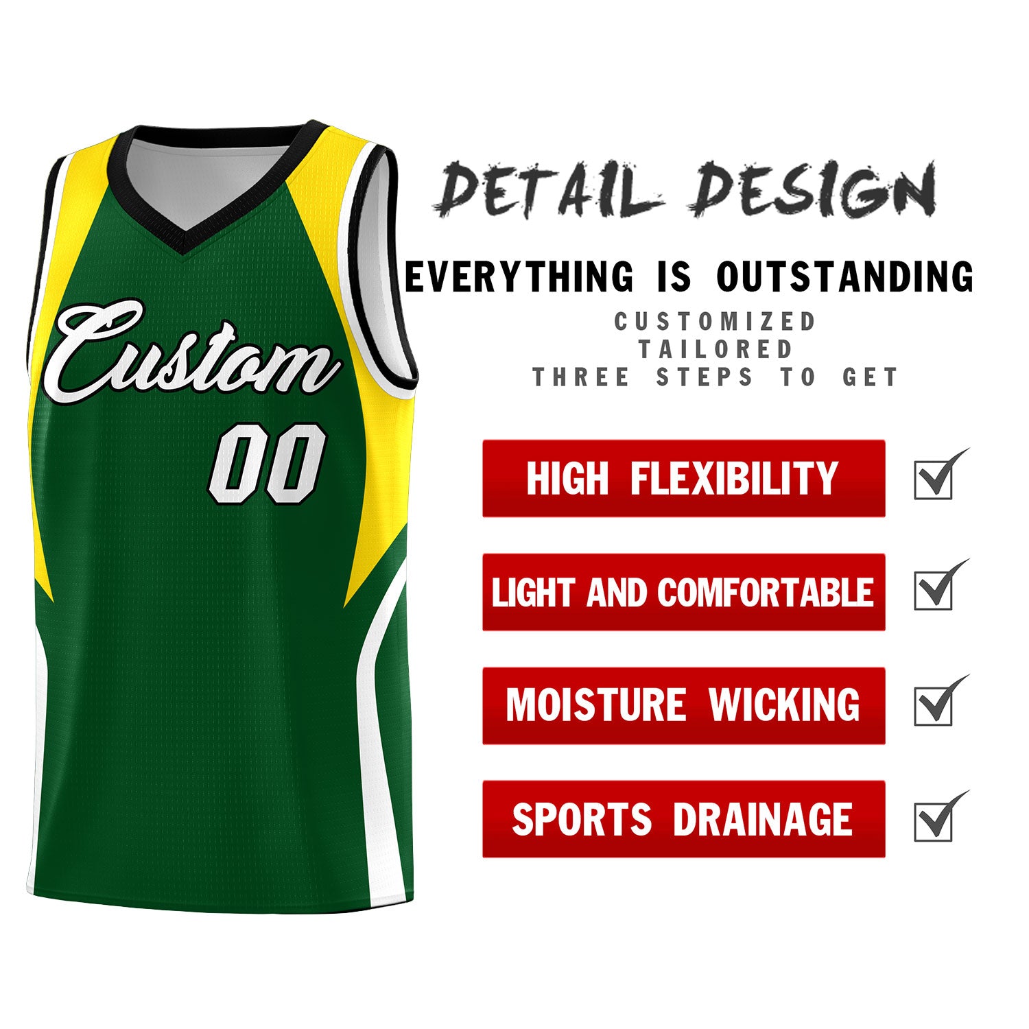 Custom Hunter Green Gold and White Color Block Sports Uniform Basketball Jersey