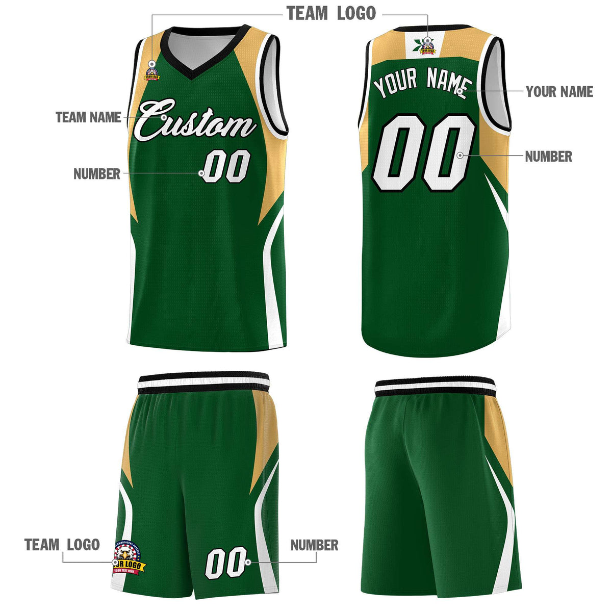 Custom Green Buckskin Brown and White Color Block Sports Uniform Basketball Jersey