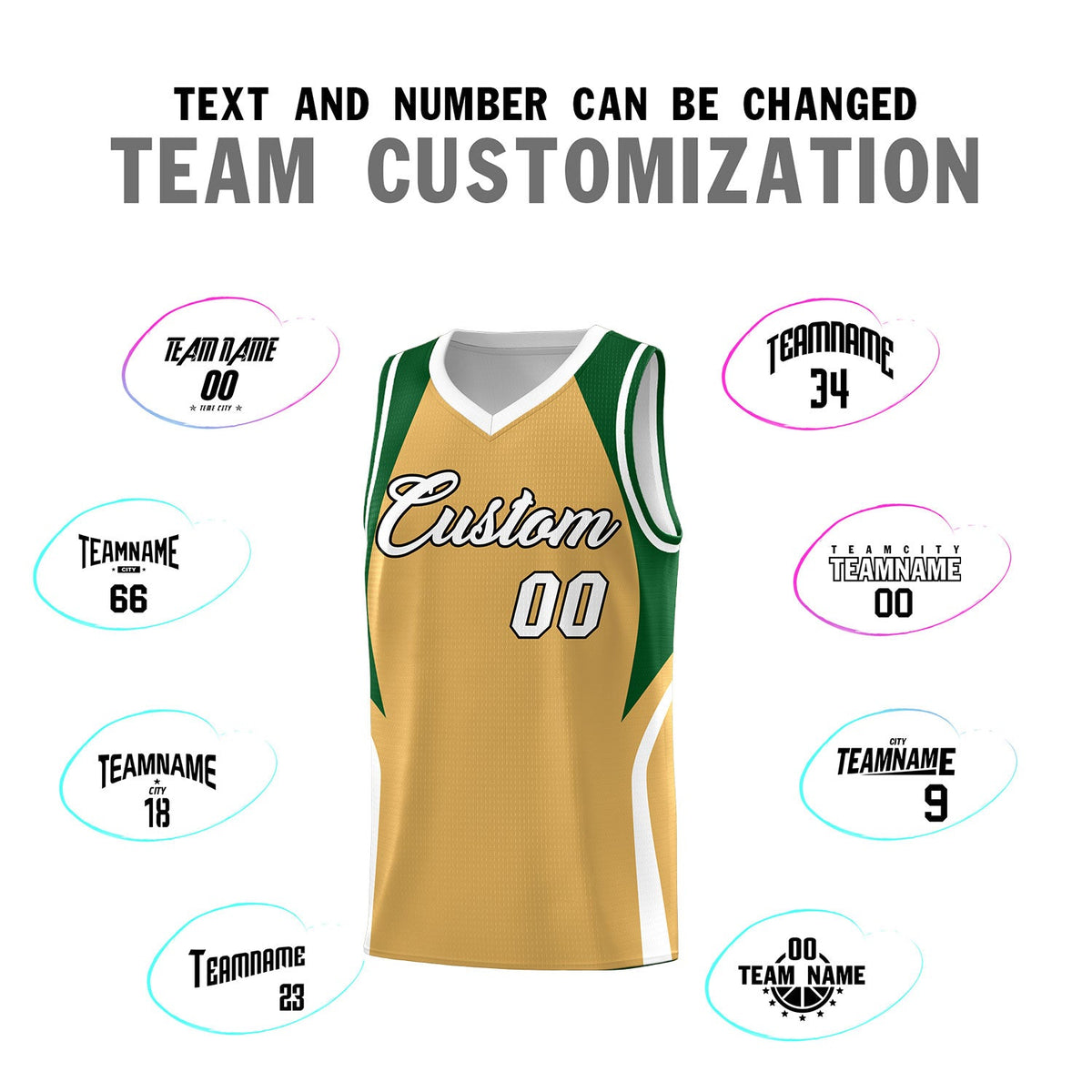 Custom Buckskin Brown Green and White Color Block Sports Uniform Basketball Jersey