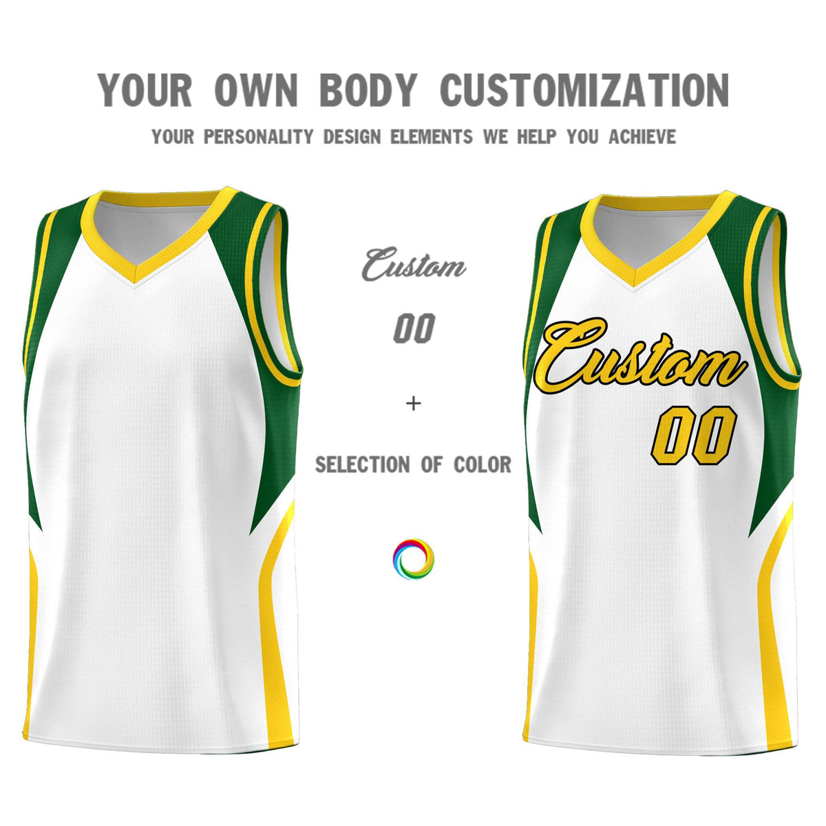 Custom White Hunter Green and Gold Color Block Sports Uniform Basketball Jersey