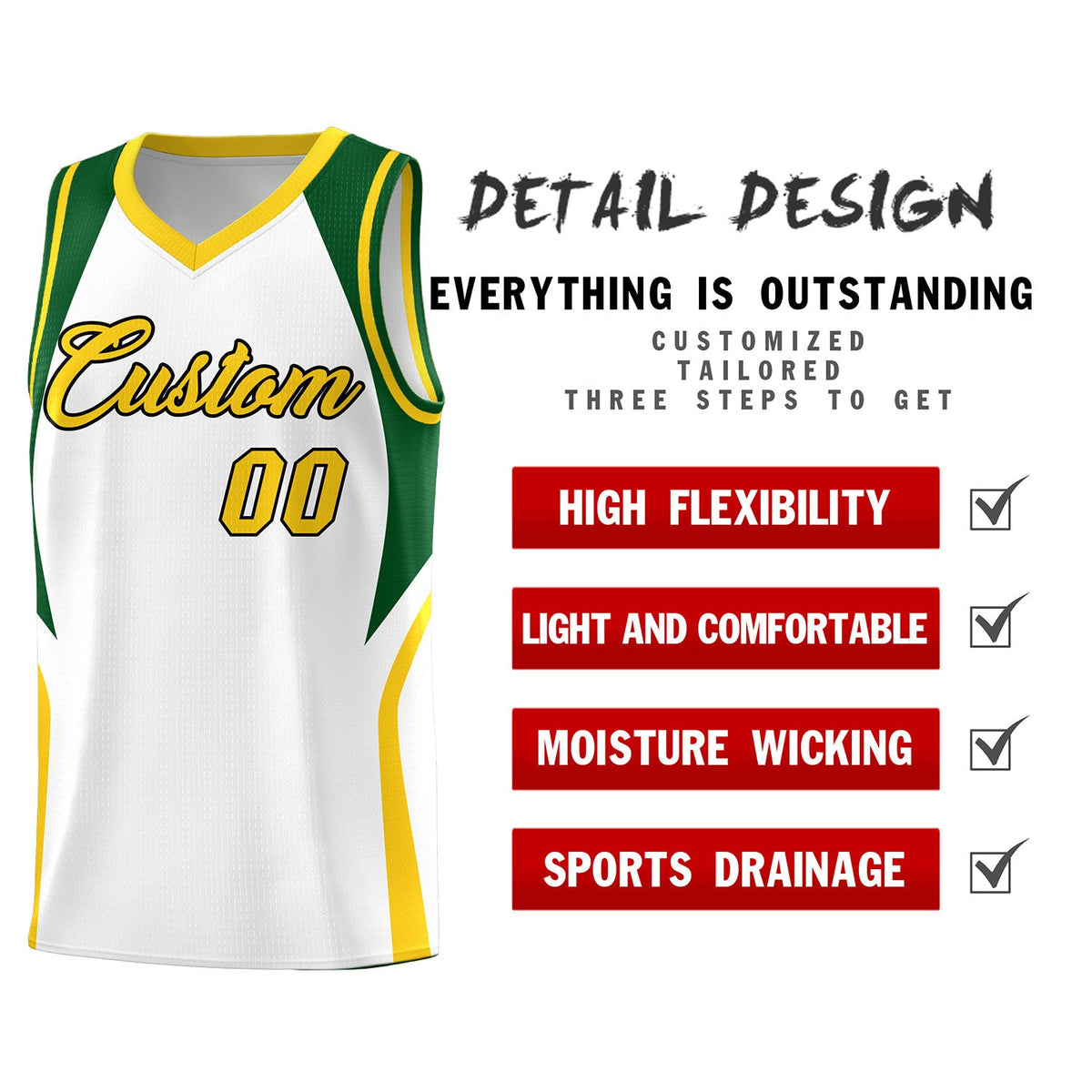 Custom White Hunter Green and Gold Color Block Sports Uniform Basketball Jersey