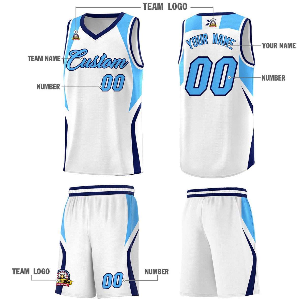 Custom White Powder Blue and Navy Color Block Sports Uniform Basketball Jersey