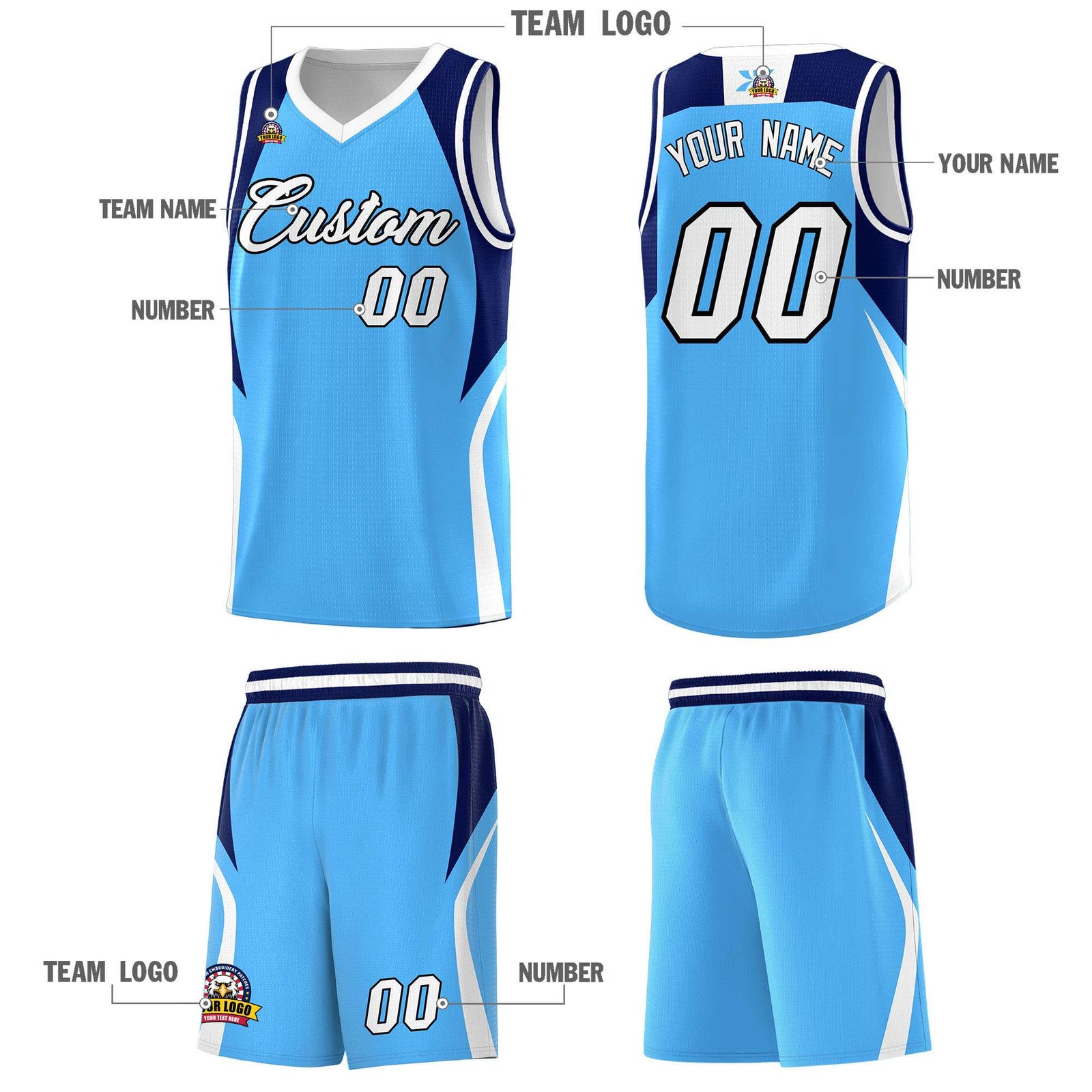 Custom Powder Blue Navy and White Color Block Sports Uniform Basketball Jersey