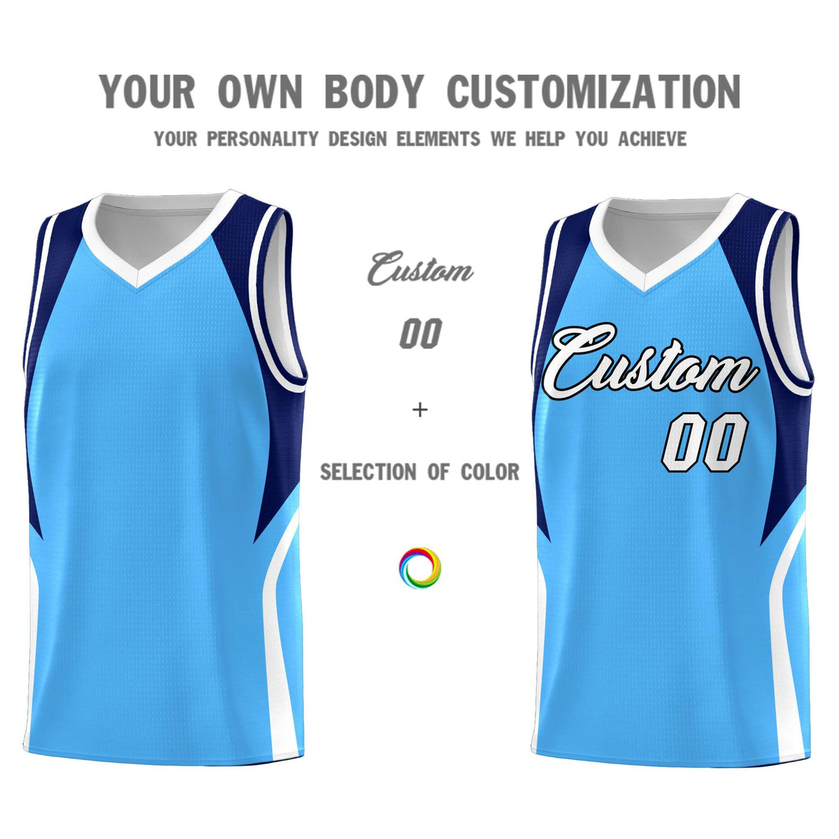 Custom Powder Blue Navy and White Color Block Sports Uniform Basketball Jersey