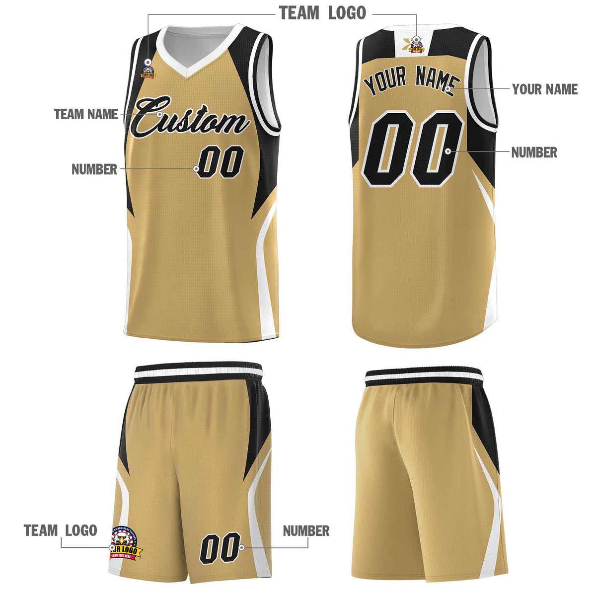 Custom Old Gold Black and White Color Block Sports Uniform Basketball Jersey