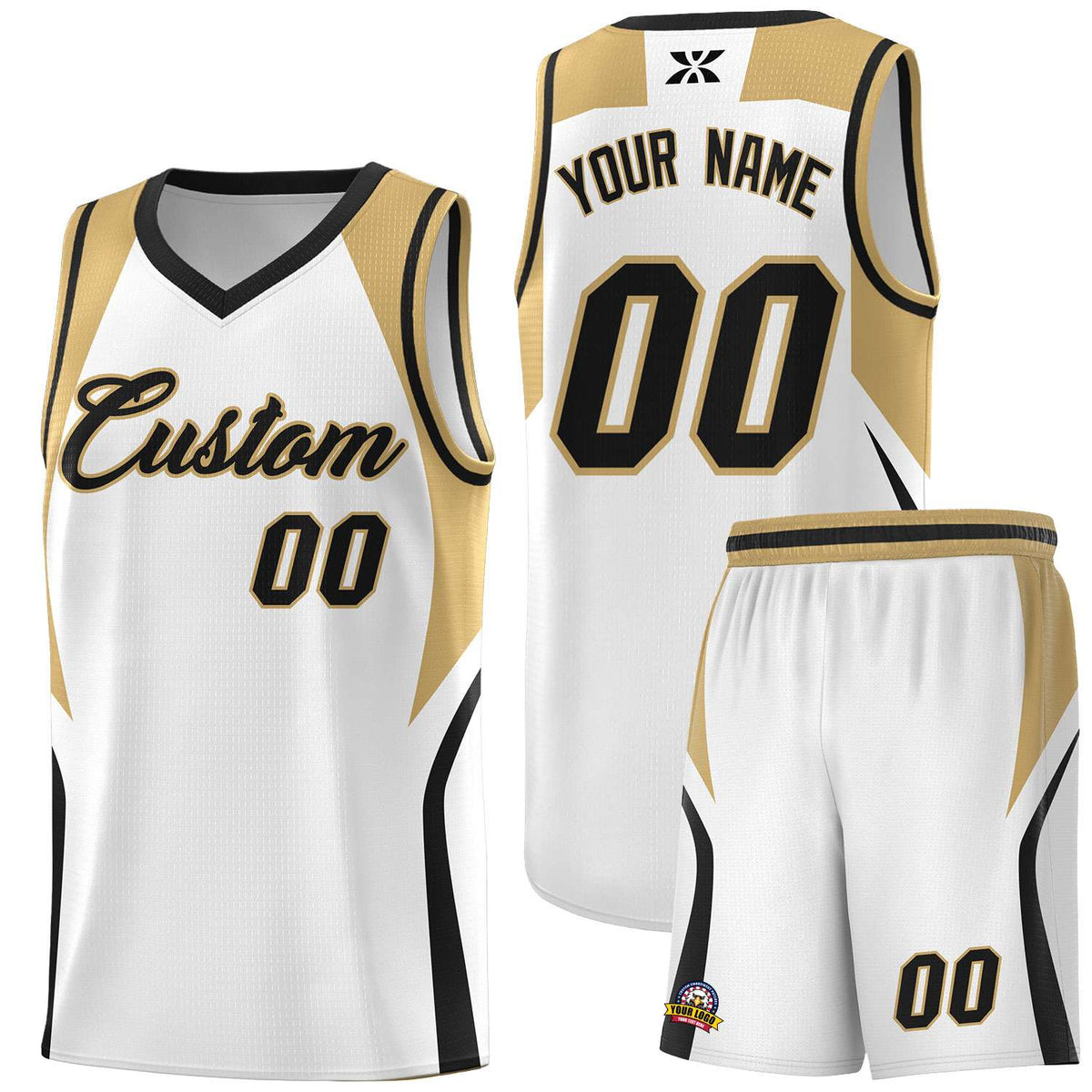 Custom White Old Gold and Black Color Block Sports Uniform Basketball Jersey