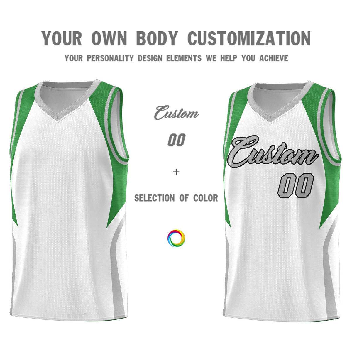 Custom White Green and Gray Color Block Sports Uniform Basketball Jersey