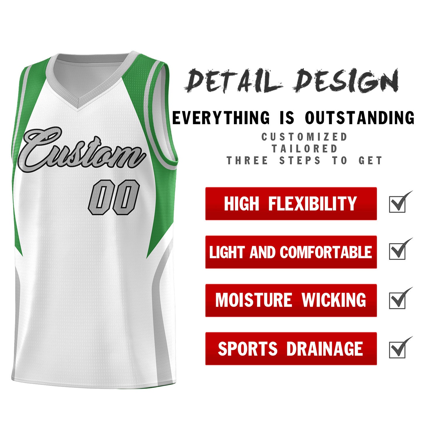 Custom White Green and Gray Color Block Sports Uniform Basketball Jersey