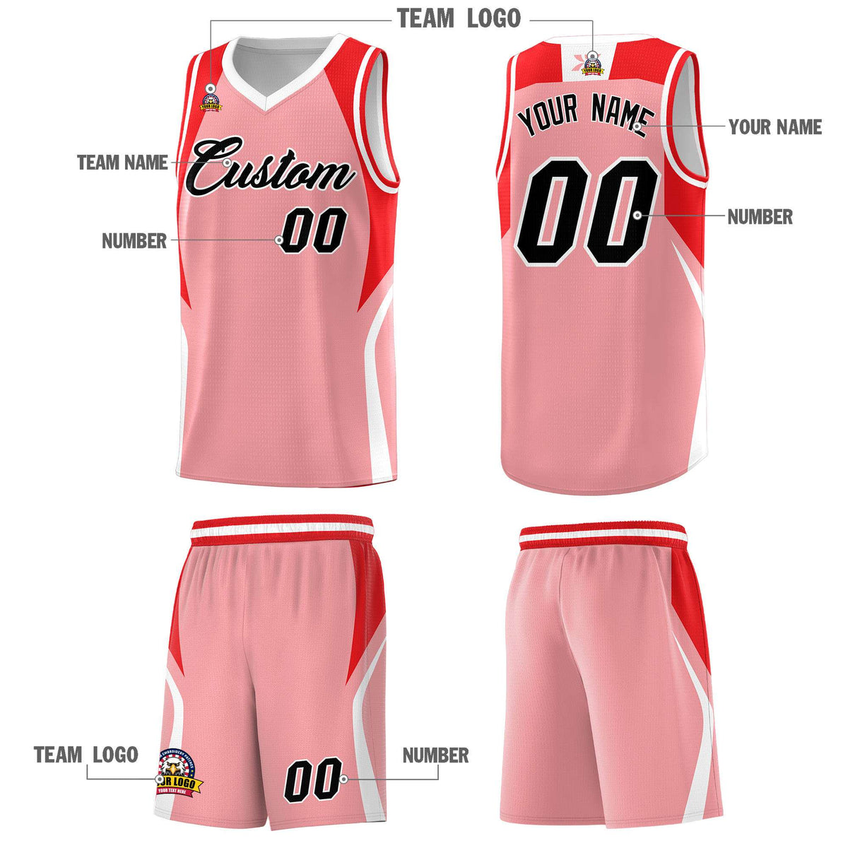 Custom Light Pink Red and White Color Block Sports Uniform Basketball Jersey