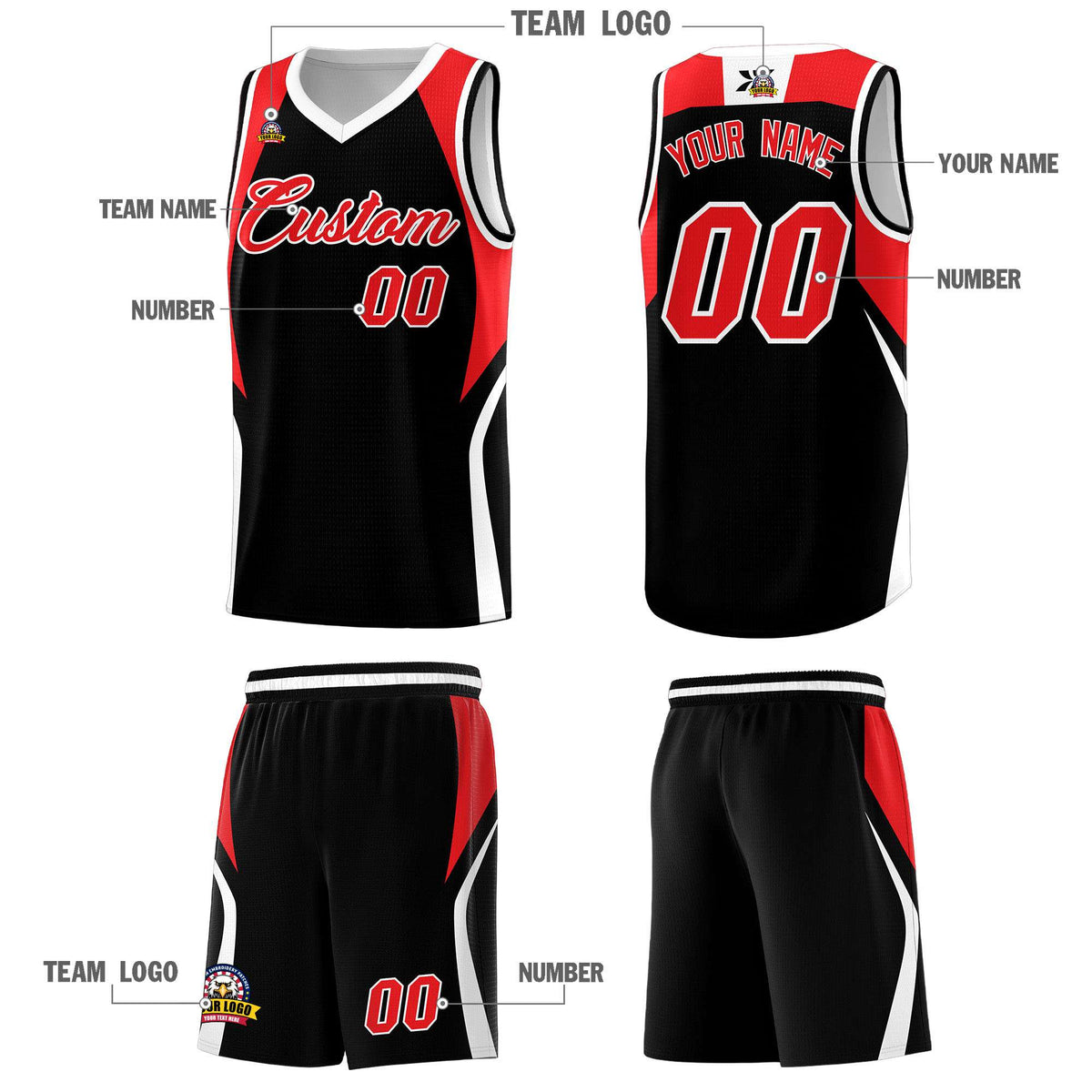 Custom Black Red and White Color Block Sports Uniform Basketball Jersey