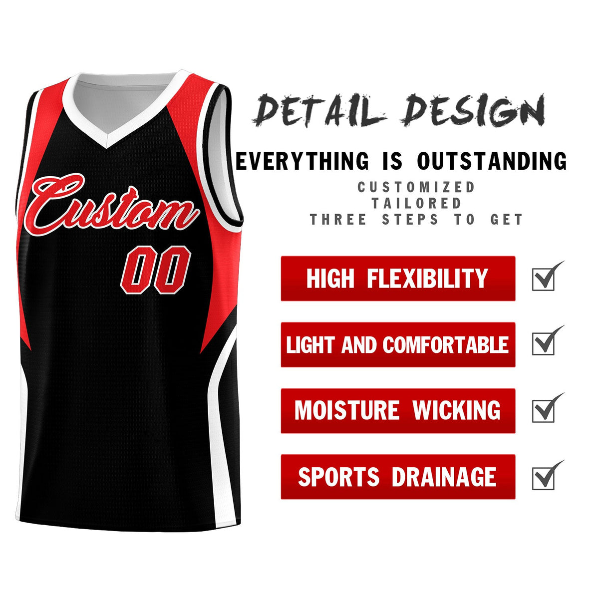 Custom Black Red and White Color Block Sports Uniform Basketball Jersey