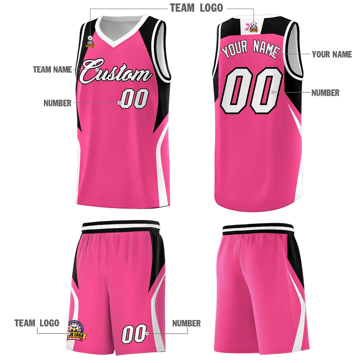Custom Pink Black and White Color Block Sports Uniform Basketball Jersey