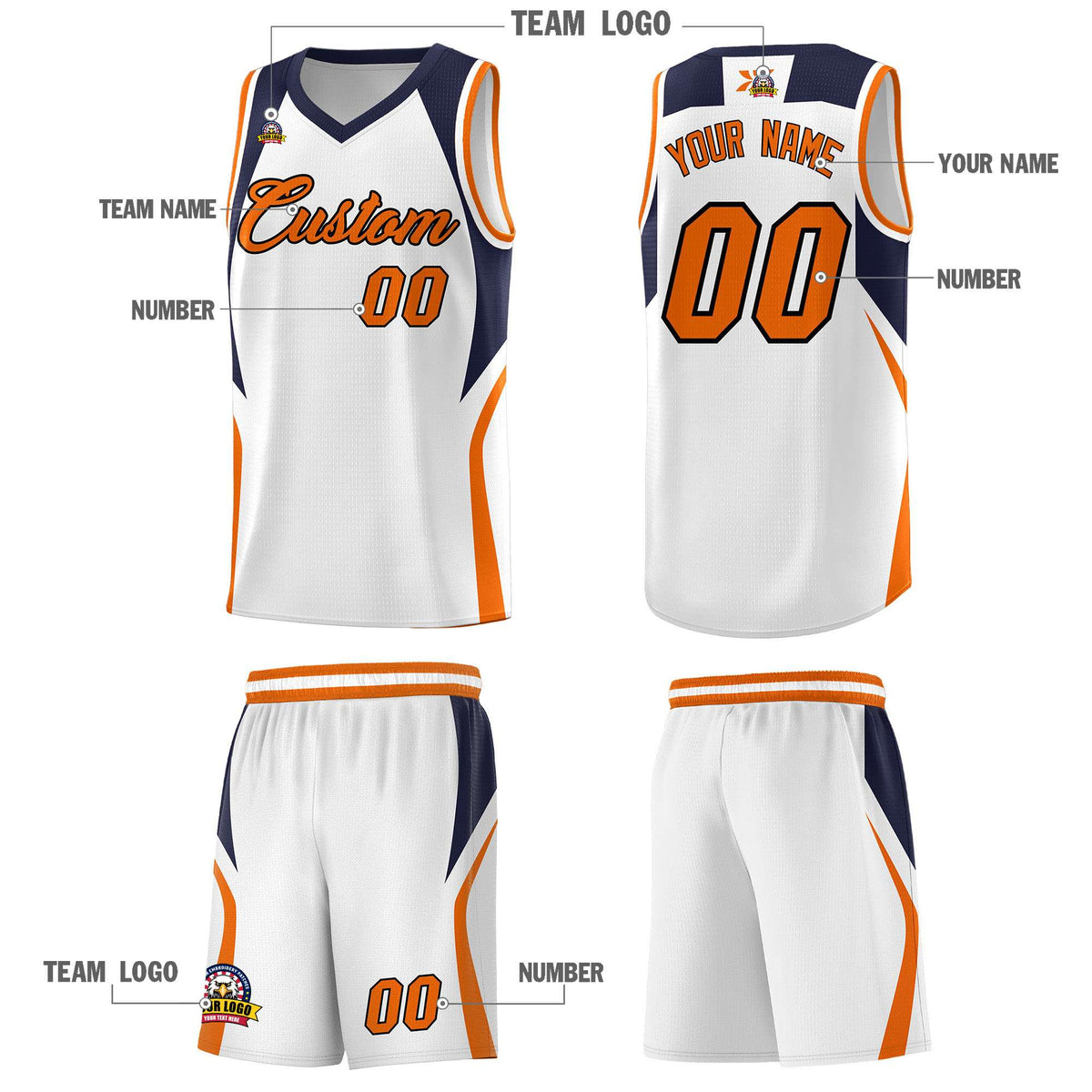 Custom White Navy and Orange Color Block Sports Uniform Basketball Jersey