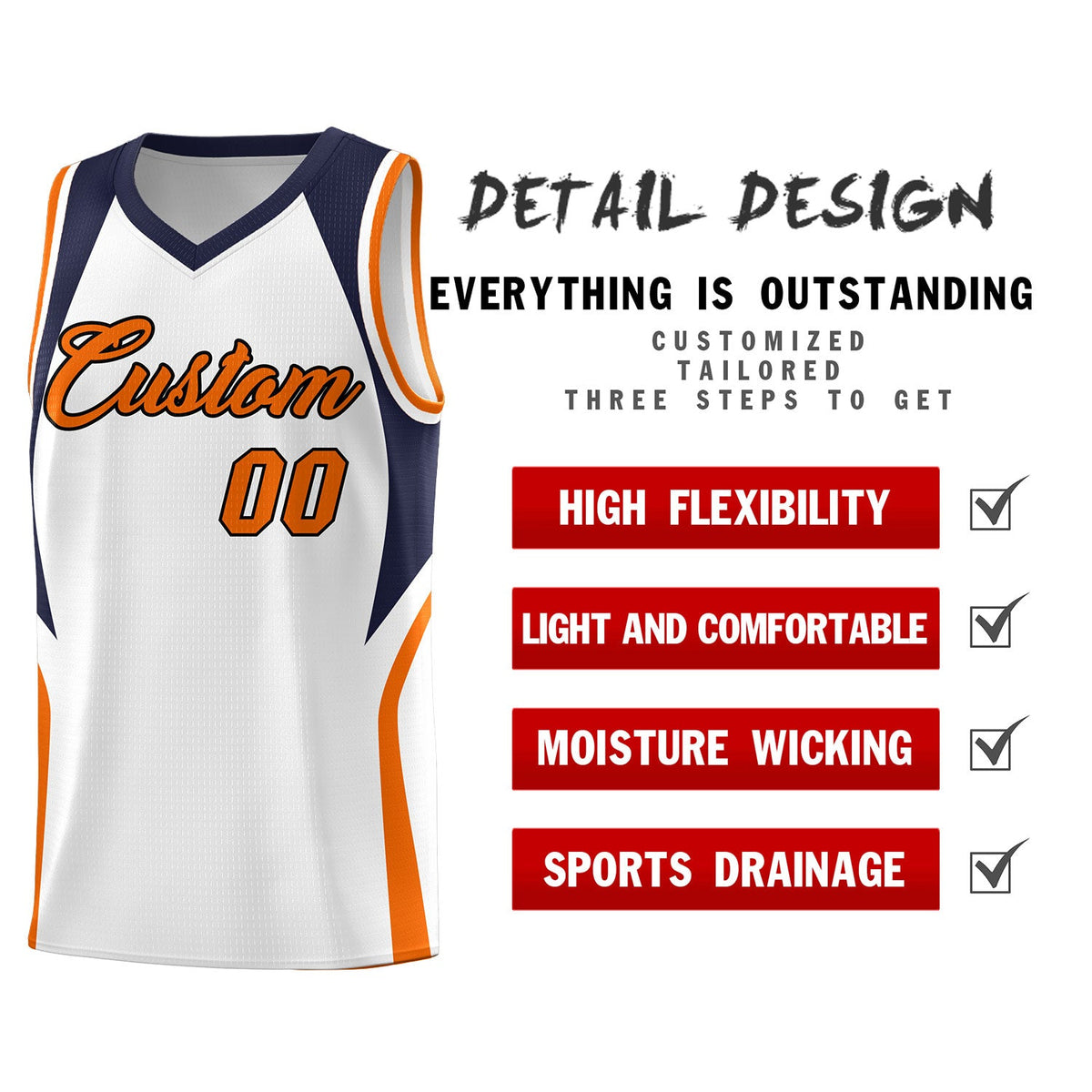 Custom White Navy and Orange Color Block Sports Uniform Basketball Jersey
