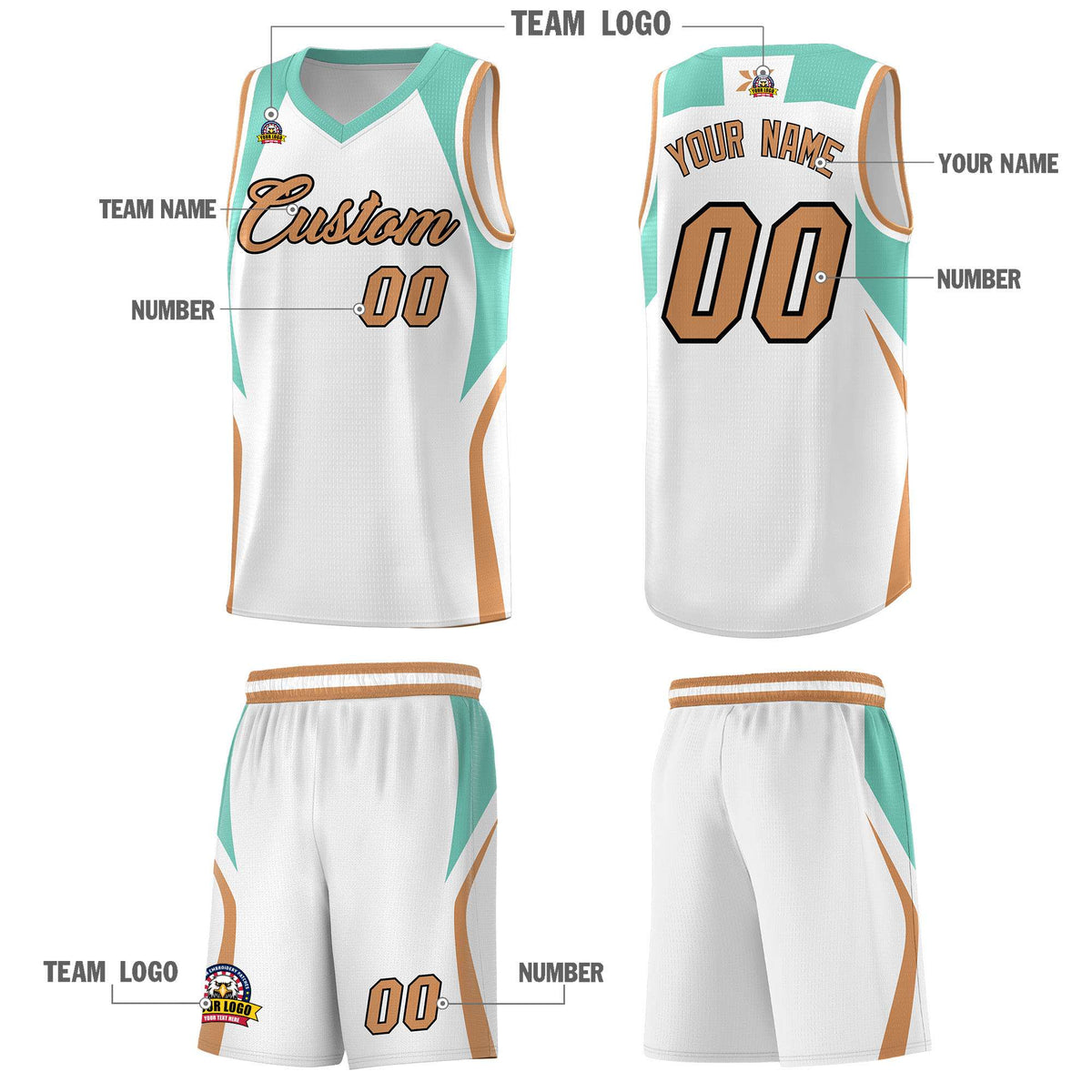 Custom White Blue and Buckskin Brown Color Block Sports Uniform Basketball Jersey