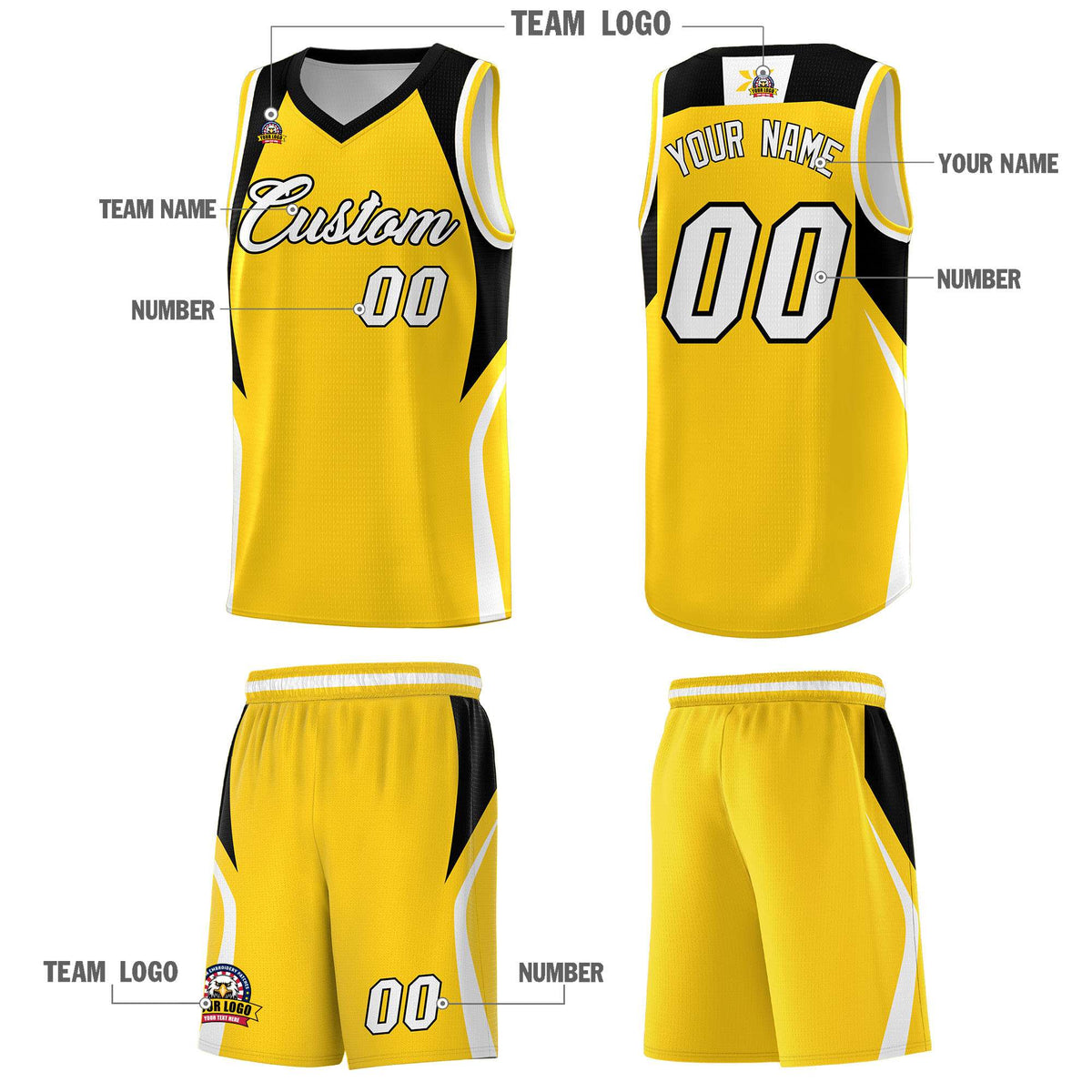 Custom Gold Black and White Color Block Sports Uniform Basketball Jersey
