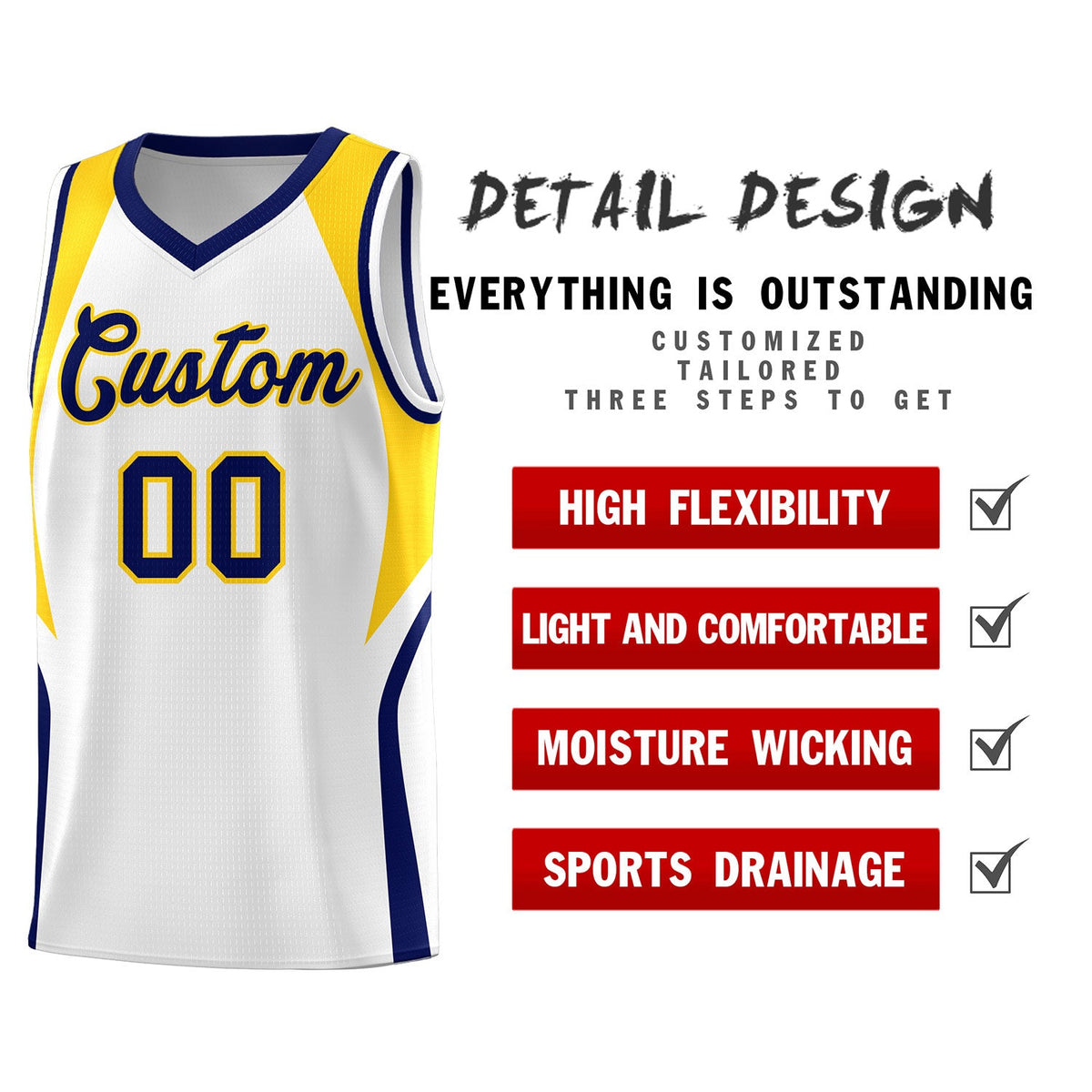 Custom White Navy and Gold Color Block Sports Uniform Basketball Jersey