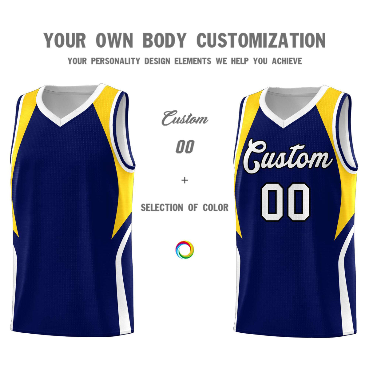 Custom Navy Gold and White Color Block Sports Uniform Basketball Jersey