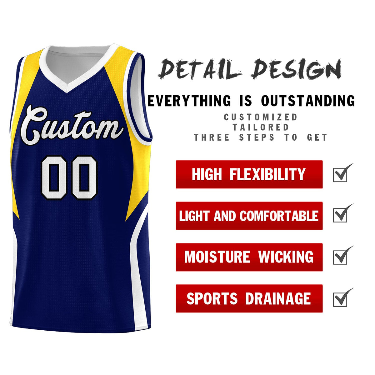 Custom Navy Gold and White Color Block Sports Uniform Basketball Jersey