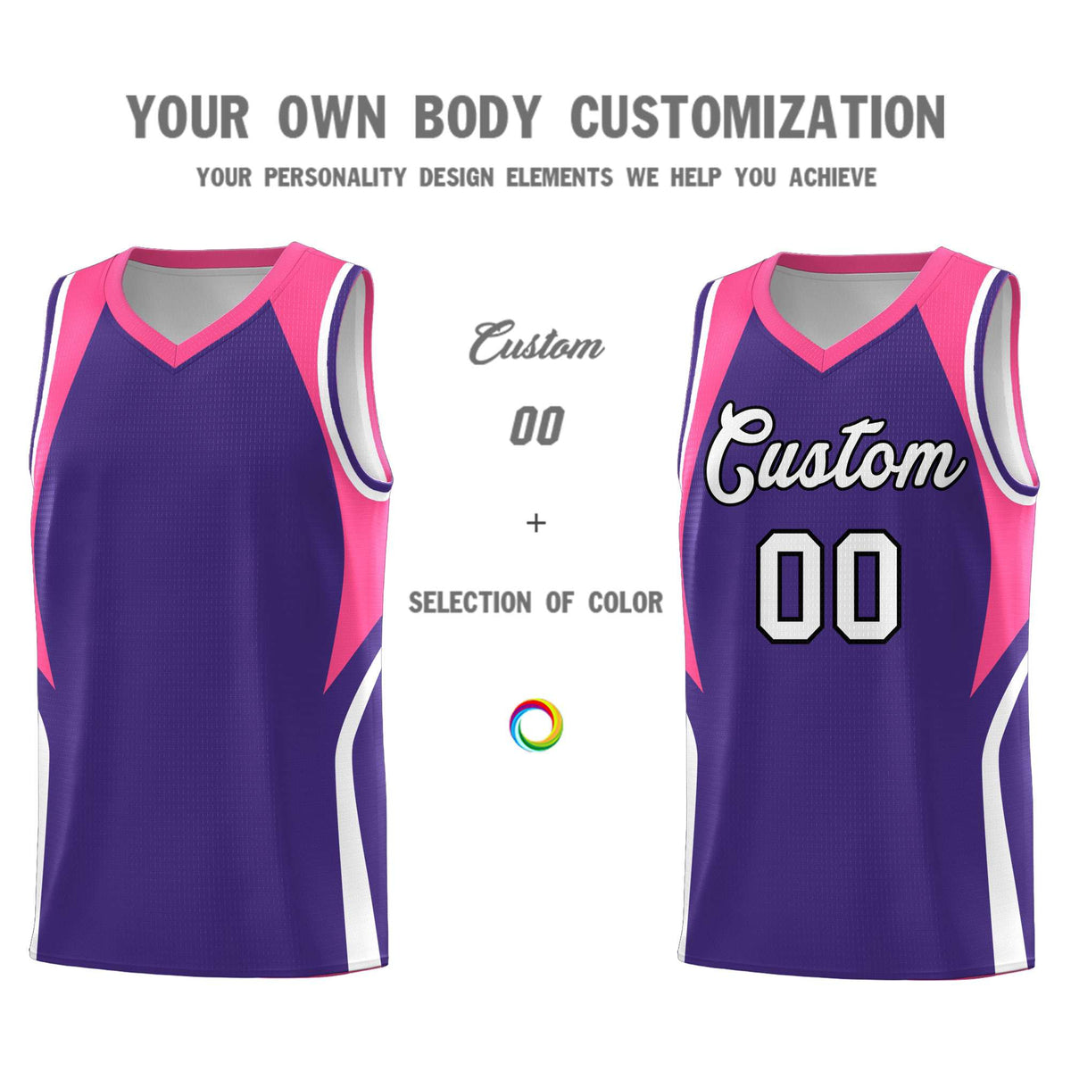Custom Purple Pink and White Color Block Sports Uniform Basketball Jersey