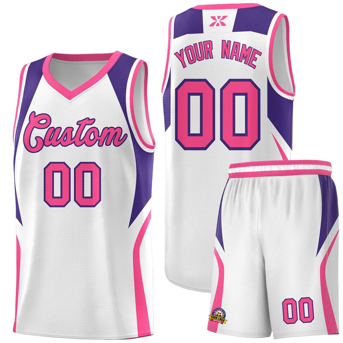 Custom White Purple and Pink Color Block Sports Uniform Basketball Jersey