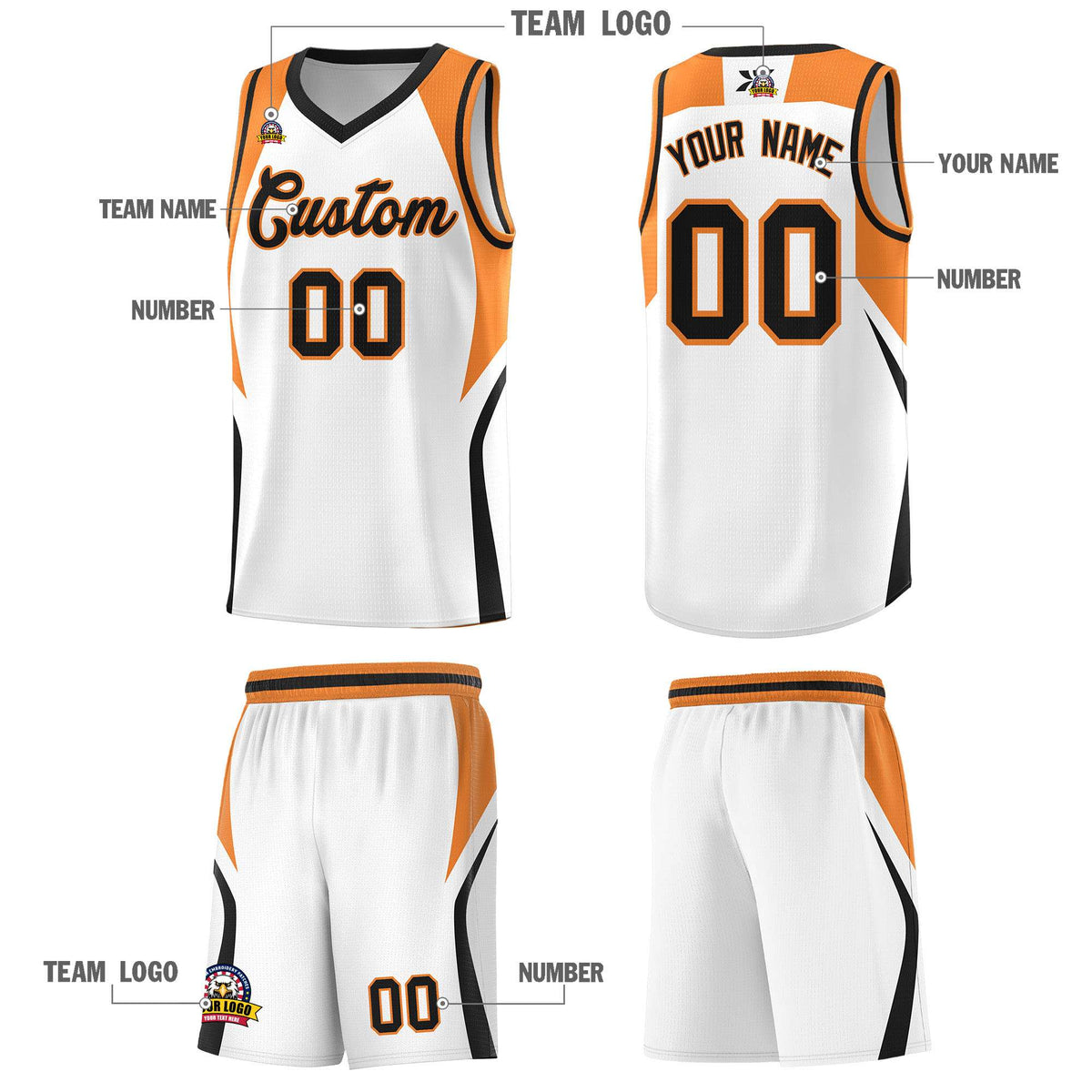 Custom White Gold Orange and Black Color Block Sports Uniform Basketball Jersey