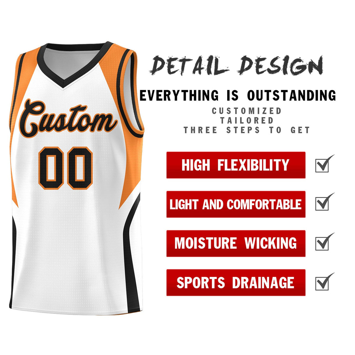 Custom White Gold Orange and Black Color Block Sports Uniform Basketball Jersey