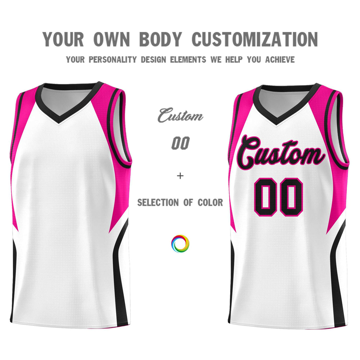 Custom White Pink and Black Color Block Sports Uniform Basketball Jersey