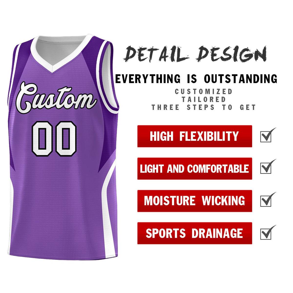 Custom Light Purple Purple and White Color Block Sports Uniform Basketball Jersey