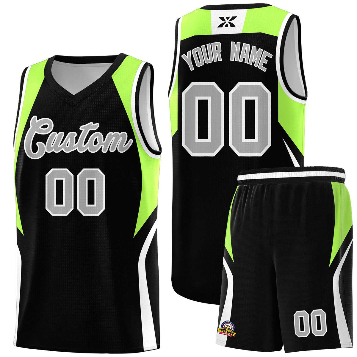 Custom Black Fluorescent Green and White Color Block Sports Uniform Basketball Jersey