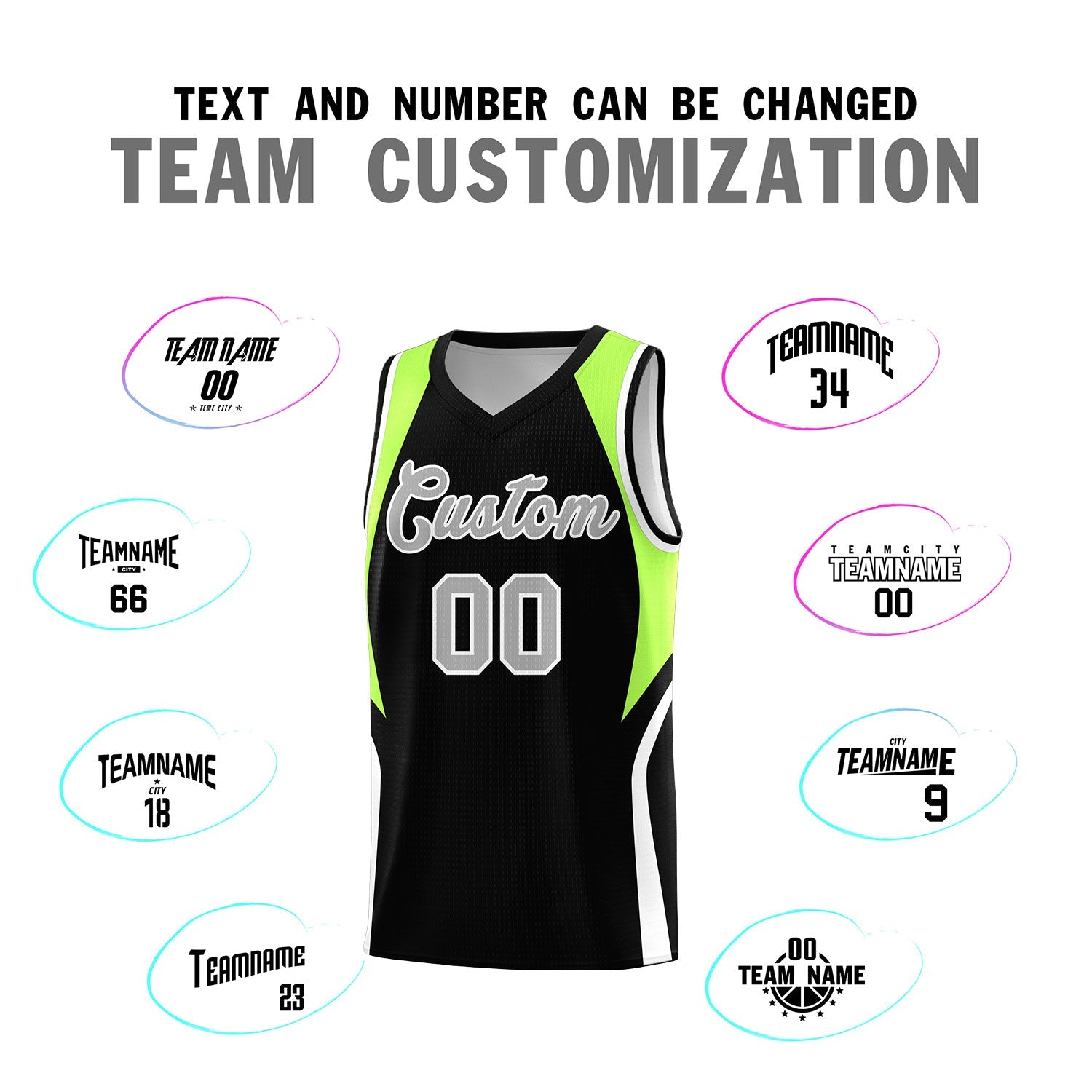 Custom Black Fluorescent Green and White Color Block Sports Uniform Basketball Jersey