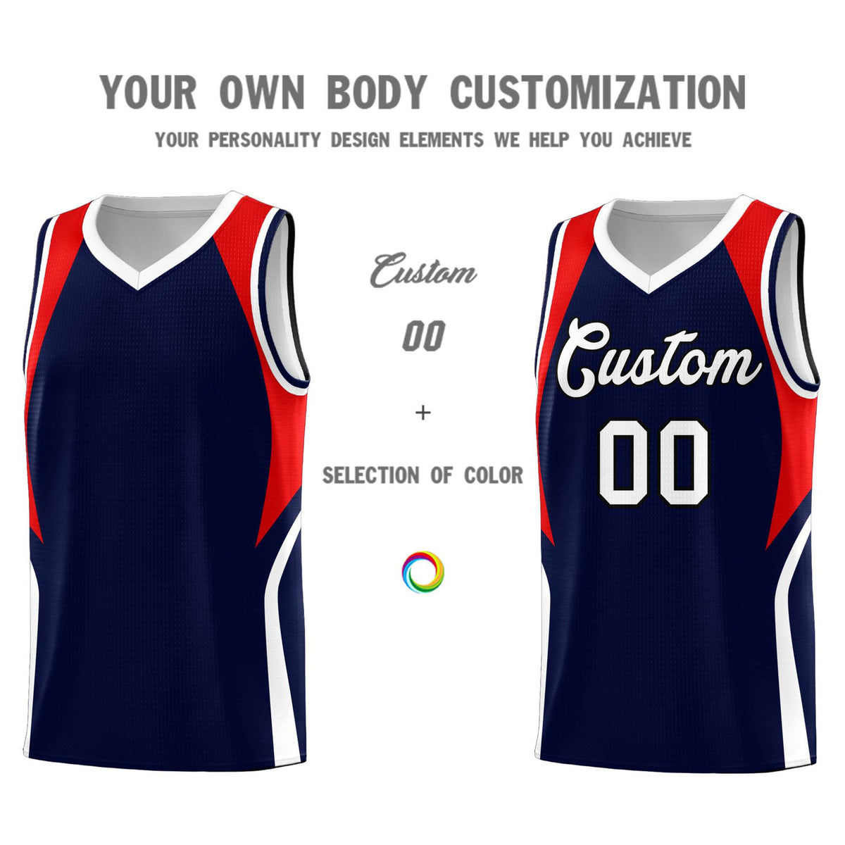 Custom Navy Red and White Color Block Sports Uniform Basketball Jersey