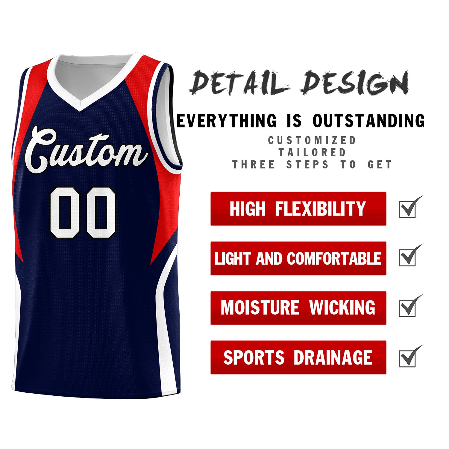 Custom Navy Red and White Color Block Sports Uniform Basketball Jersey