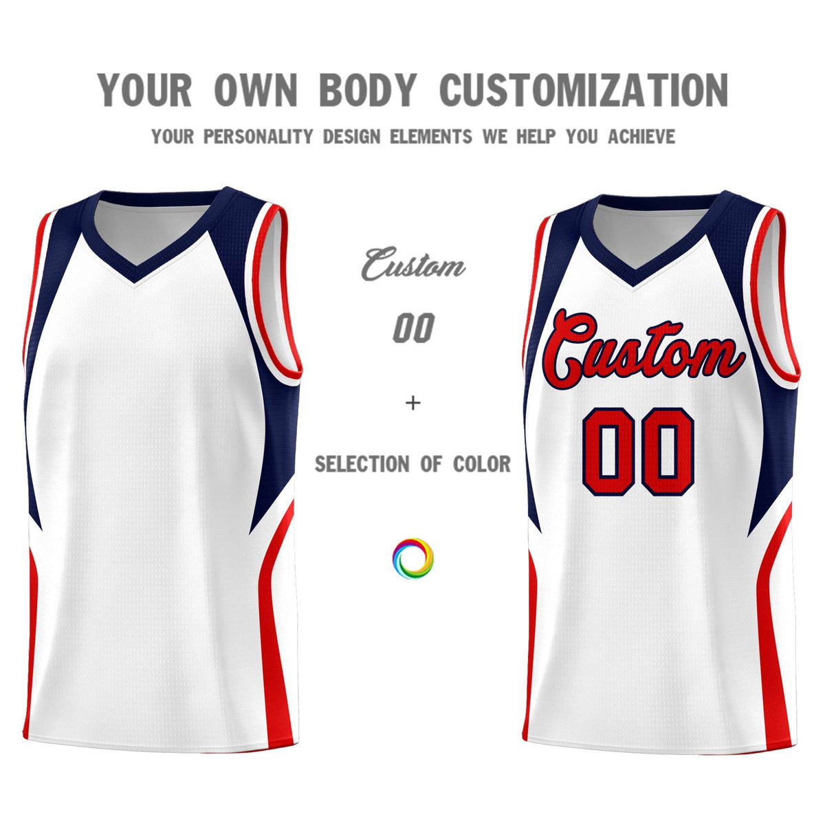 Custom White Navy and Red Color Block Sports Uniform Basketball Jersey
