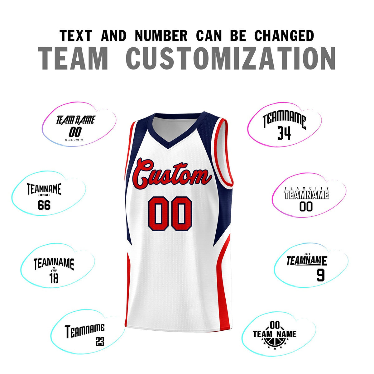 Custom White Navy and Red Color Block Sports Uniform Basketball Jersey